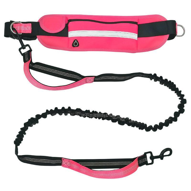 Adjustable Hands Free Dog Leash Lead + Waist Bag Belt Jogging Walking Running - Black+Pink